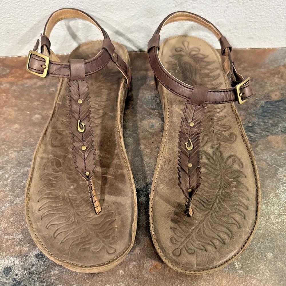OluKai Kanani Womens 7 Brown Leather T-Strap Slingback Comfort Sandals
